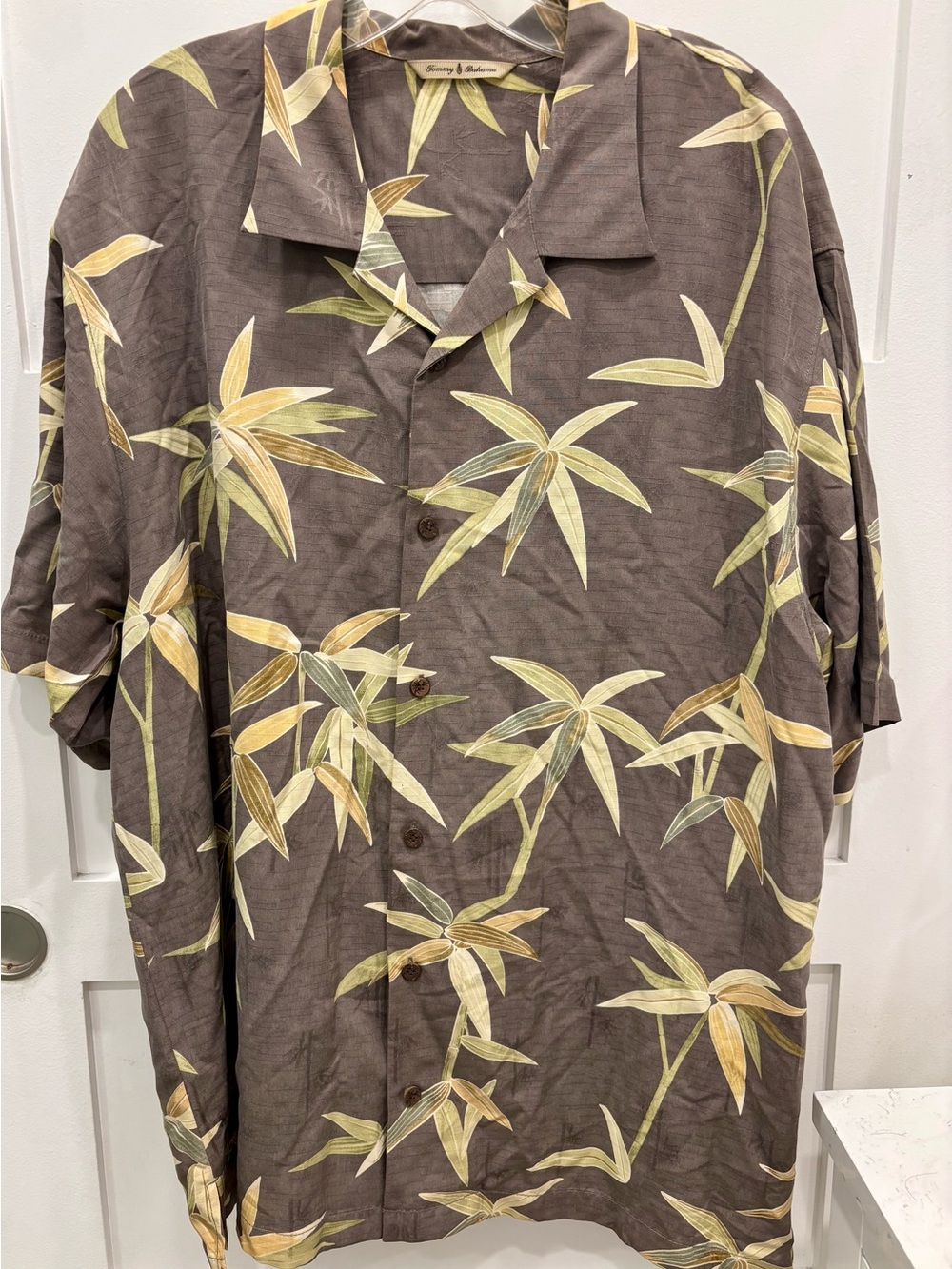 Tommy Bahama 100% Silk Brown Hawaiian Shirt w/ Yellow & Green Palm Print